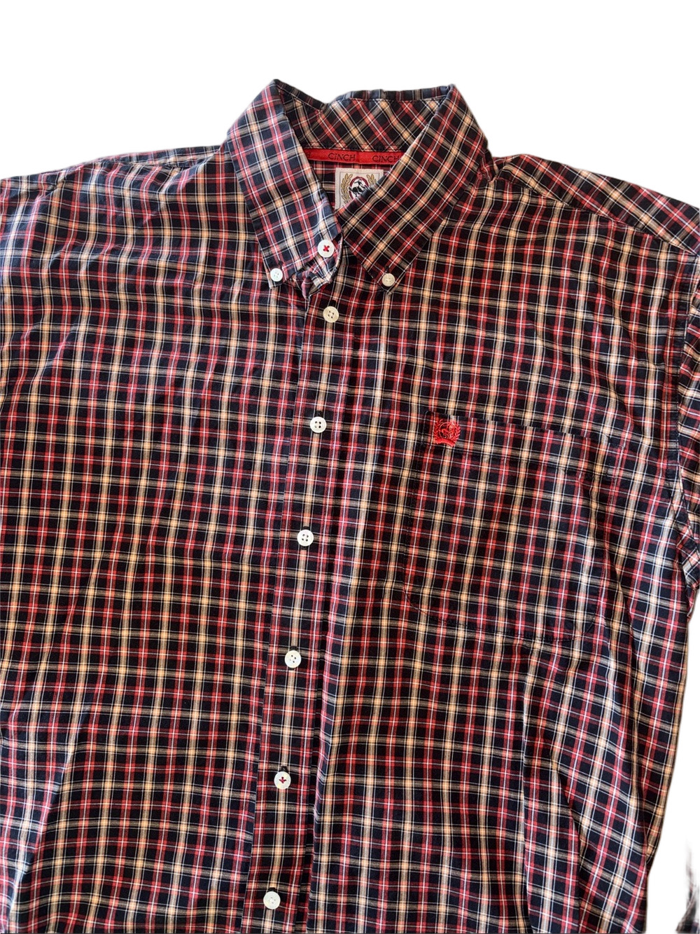 Cinch Men’s Large Plaid Western Button Down Shirt Red Black Tan Long Sleeve